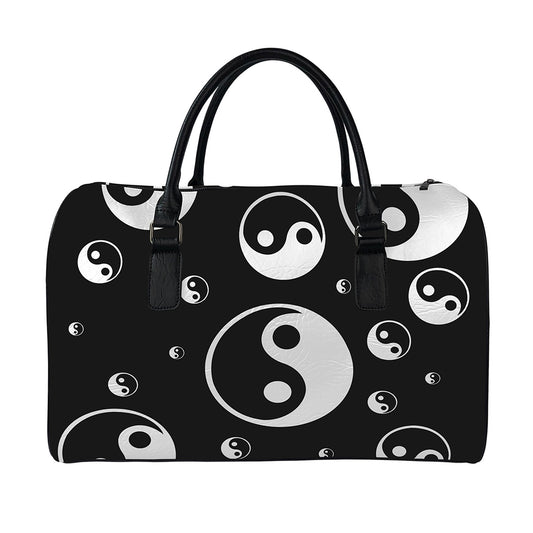 Black And White Yin Yang Pattern Print Leather Duffle Bag