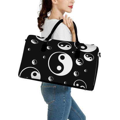 Black And White Yin Yang Pattern Print Leather Duffle Bag
