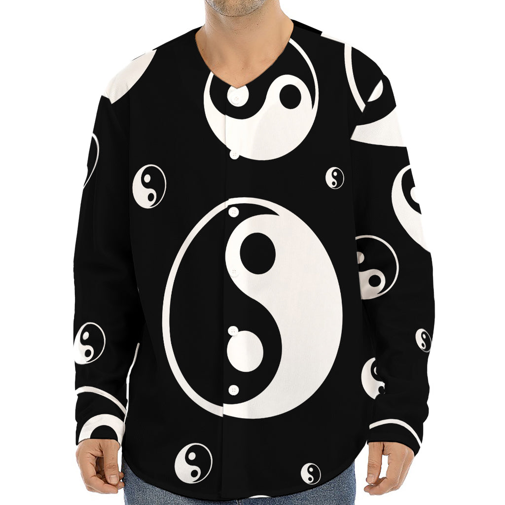 Black And White Yin Yang Pattern Print Long Sleeve Baseball Jersey