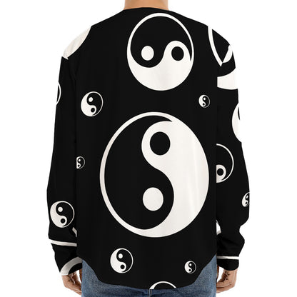 Black And White Yin Yang Pattern Print Long Sleeve Baseball Jersey