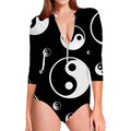 Black And White Yin Yang Pattern Print Long Sleeve Swimsuit