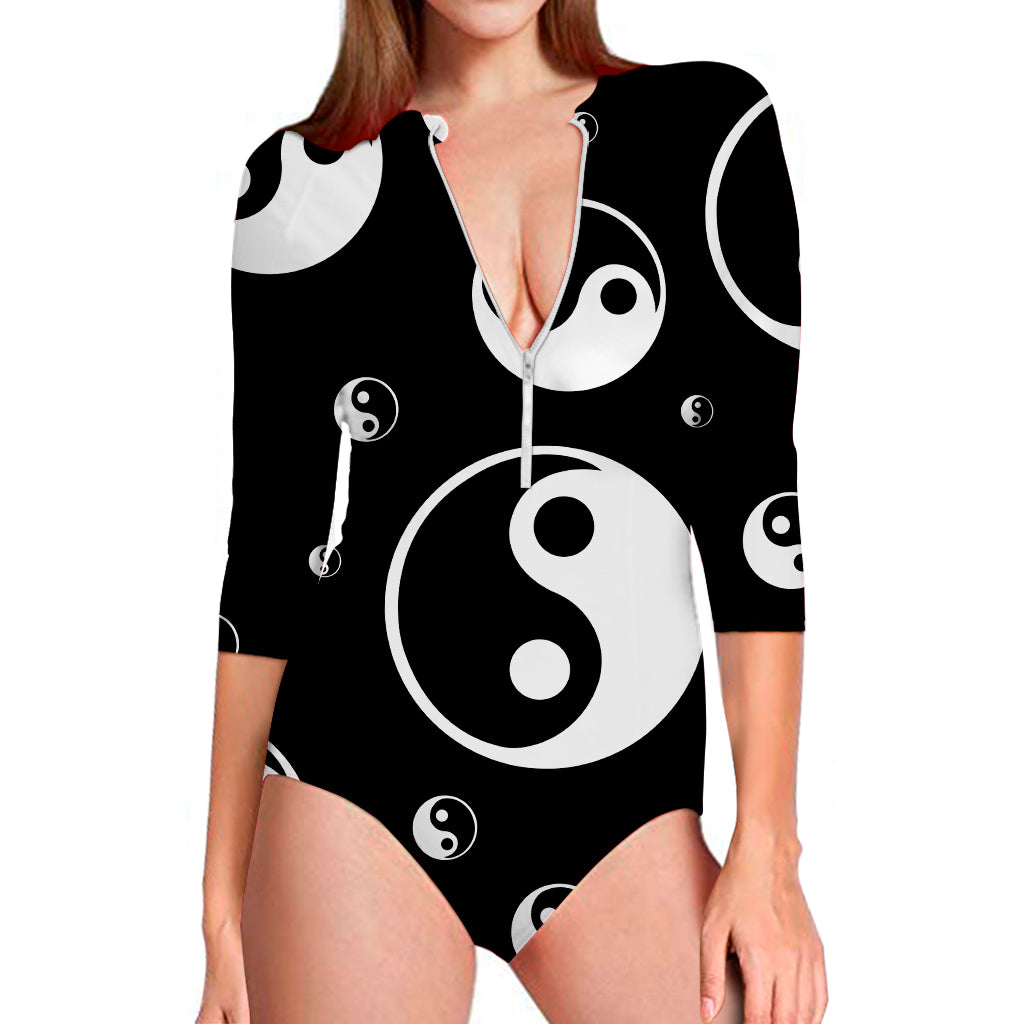 Black And White Yin Yang Pattern Print Long Sleeve Swimsuit