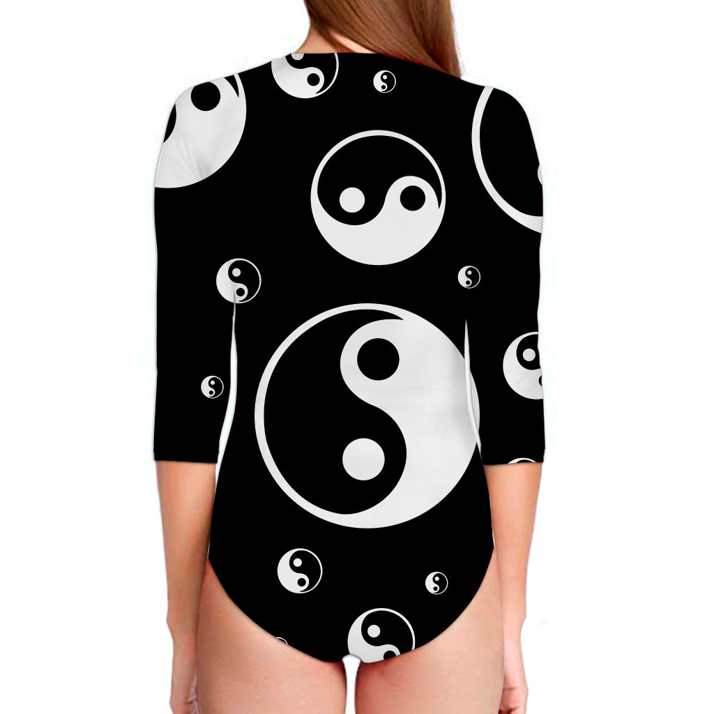 Black And White Yin Yang Pattern Print Long Sleeve Swimsuit
