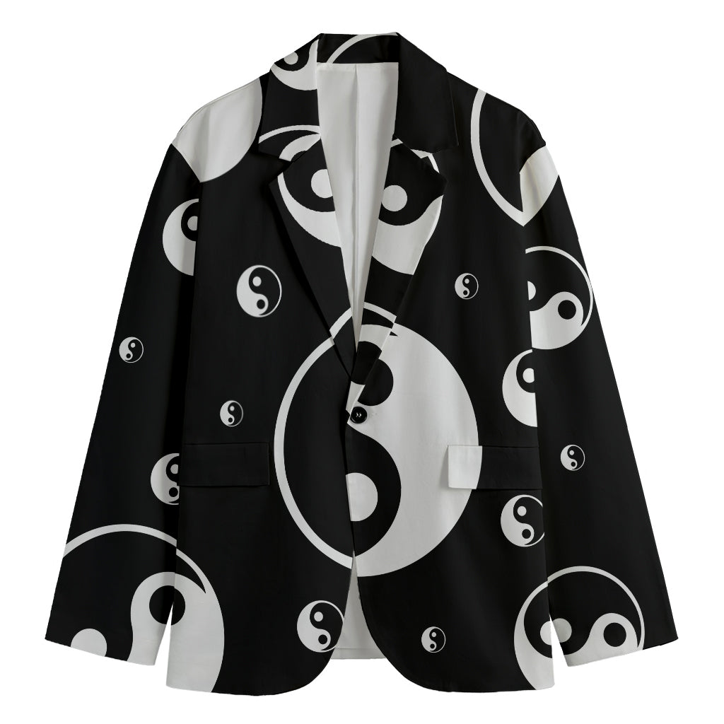 Black And White Yin Yang Pattern Print Men's Cotton Blazer