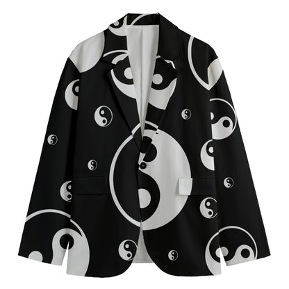 Black And White Yin Yang Pattern Print Men's Cotton Blazer