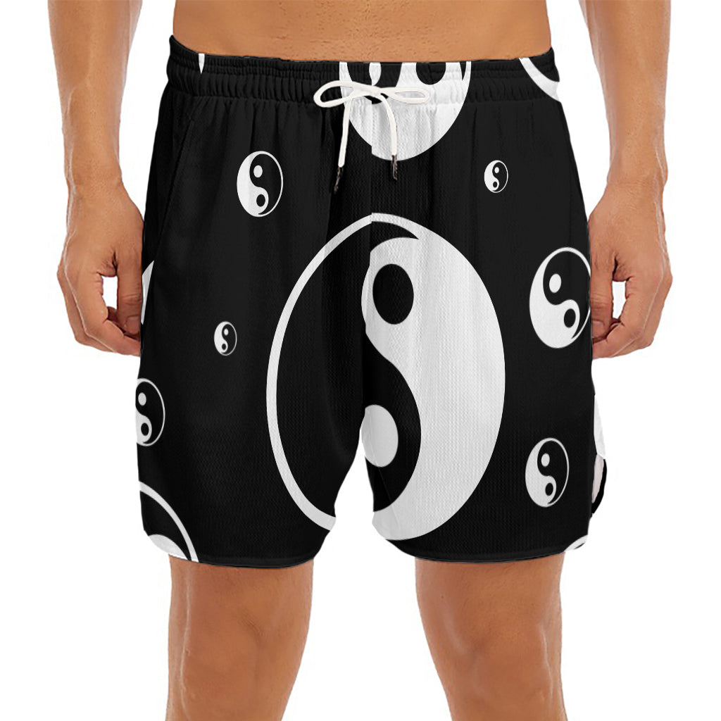 Black And White Yin Yang Pattern Print Men's Split Running Shorts