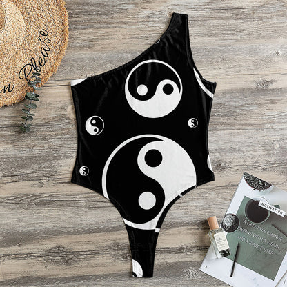Black And White Yin Yang Pattern Print One Shoulder Bodysuit