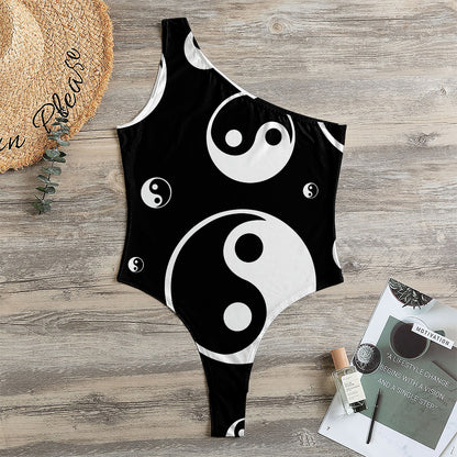Black And White Yin Yang Pattern Print One Shoulder Bodysuit