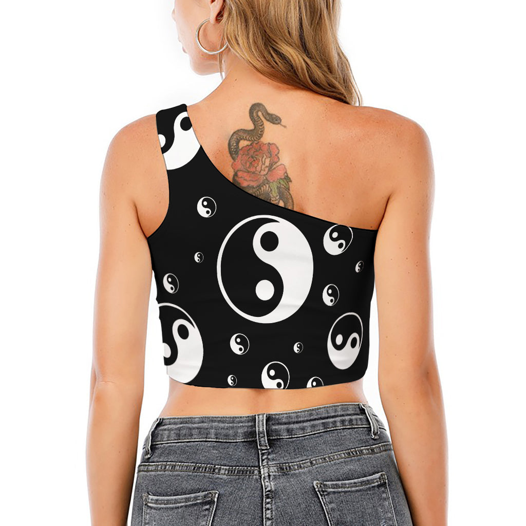 Black And White Yin Yang Pattern Print One Shoulder Crop Top