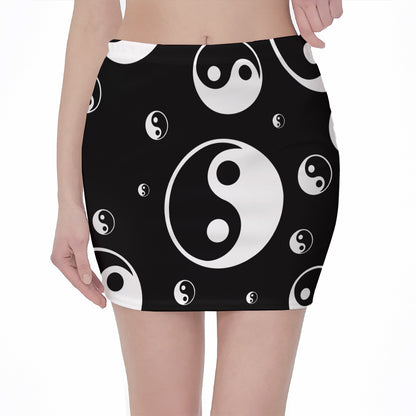 Black And White Yin Yang Pattern Print Pencil Mini Skirt