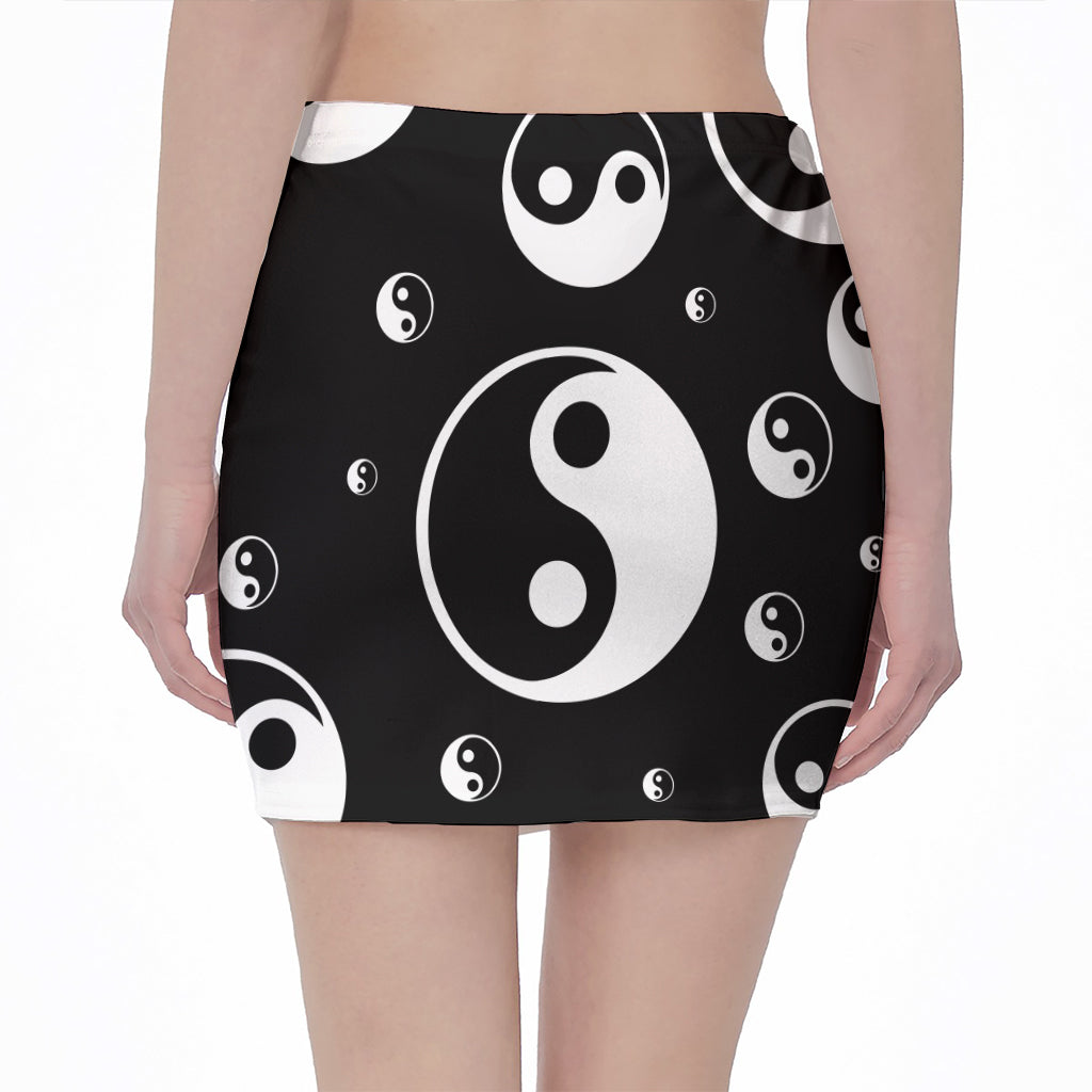 Black And White Yin Yang Pattern Print Pencil Mini Skirt