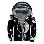 Black And White Yin Yang Pattern Print Sherpa Lined Zip Up Hoodie