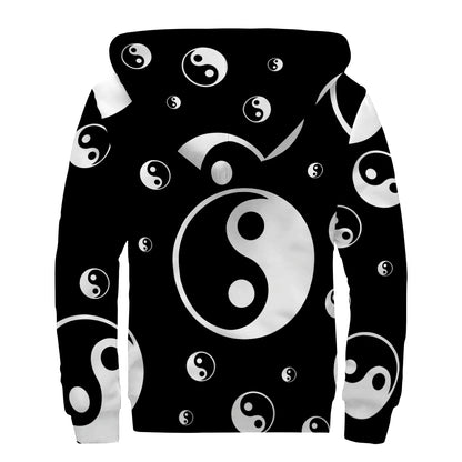 Black And White Yin Yang Pattern Print Sherpa Lined Zip Up Hoodie