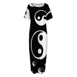 Black And White Yin Yang Pattern Print Short Sleeve Long Nightdress