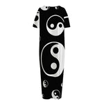 Black And White Yin Yang Pattern Print Short Sleeve Long Nightdress