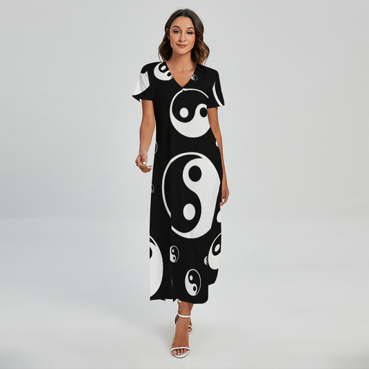 Black And White Yin Yang Pattern Print Short Sleeve Maxi Dress