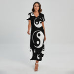 Black And White Yin Yang Pattern Print Short Sleeve Maxi Dress