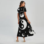 Black And White Yin Yang Pattern Print Short Sleeve Maxi Dress