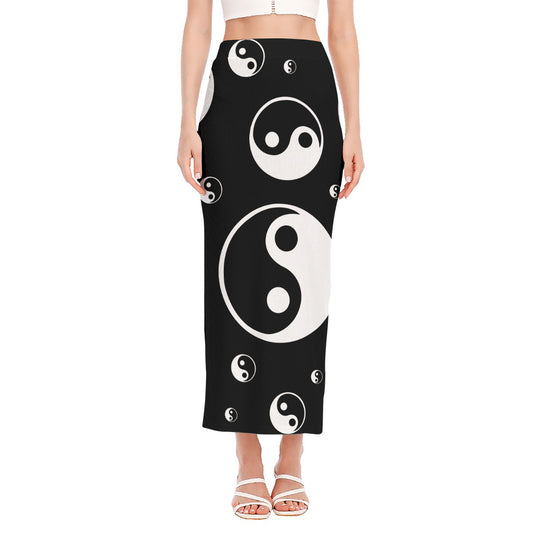 Black And White Yin Yang Pattern Print Side Slit Maxi Skirt