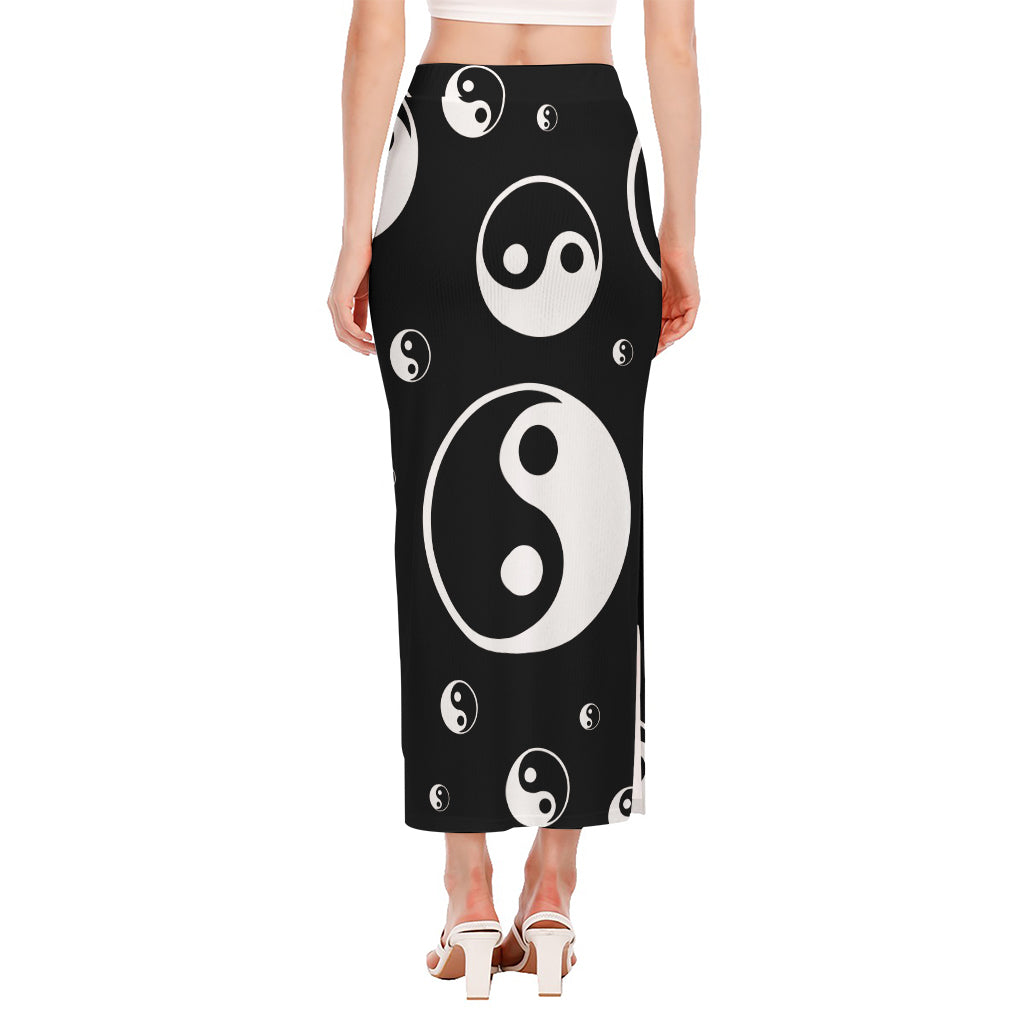 Black And White Yin Yang Pattern Print Side Slit Maxi Skirt