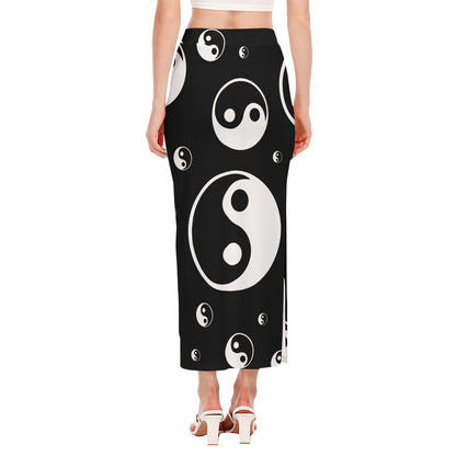 Black And White Yin Yang Pattern Print Side Slit Maxi Skirt