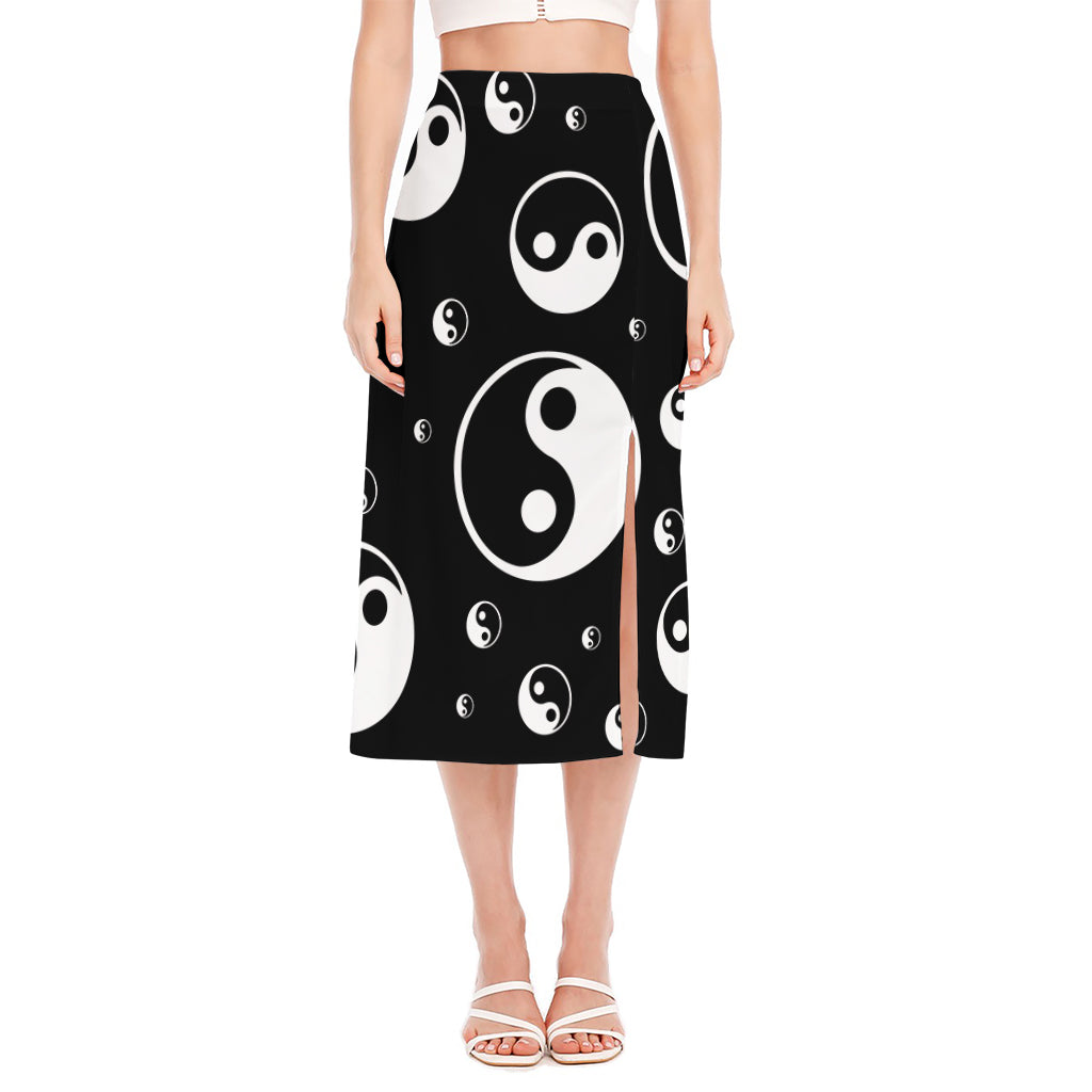 Black And White Yin Yang Pattern Print Side Slit Midi Skirt
