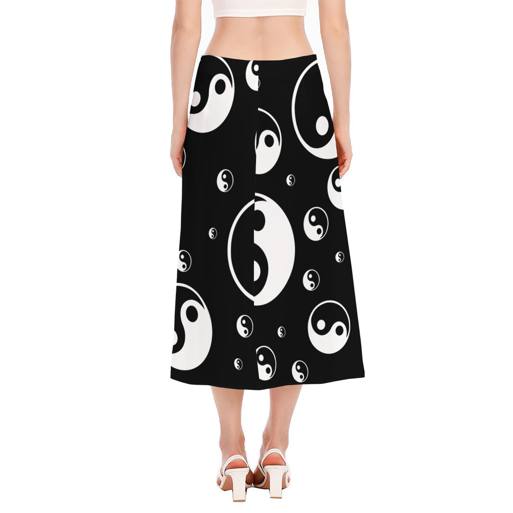 Black And White Yin Yang Pattern Print Side Slit Midi Skirt