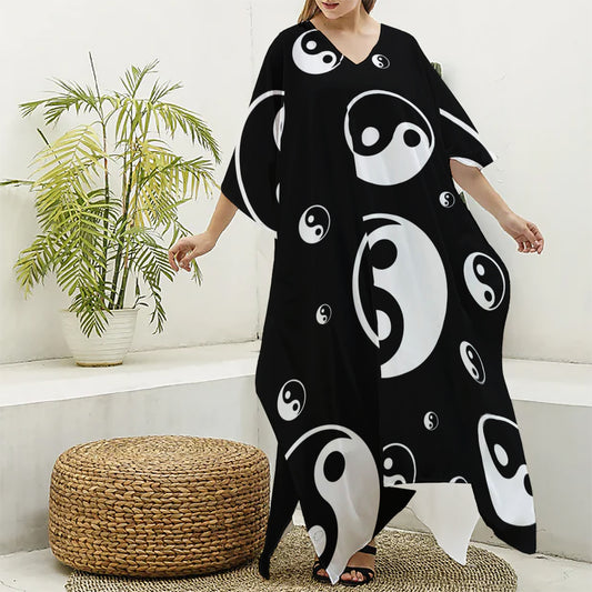 Black And White Yin Yang Pattern Print Silk V-Neck Kaftan Dress
