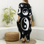 Black And White Yin Yang Pattern Print Silk V-Neck Kaftan Dress