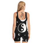 Black And White Yin Yang Pattern Print Sleeveless One Piece Swimsuit