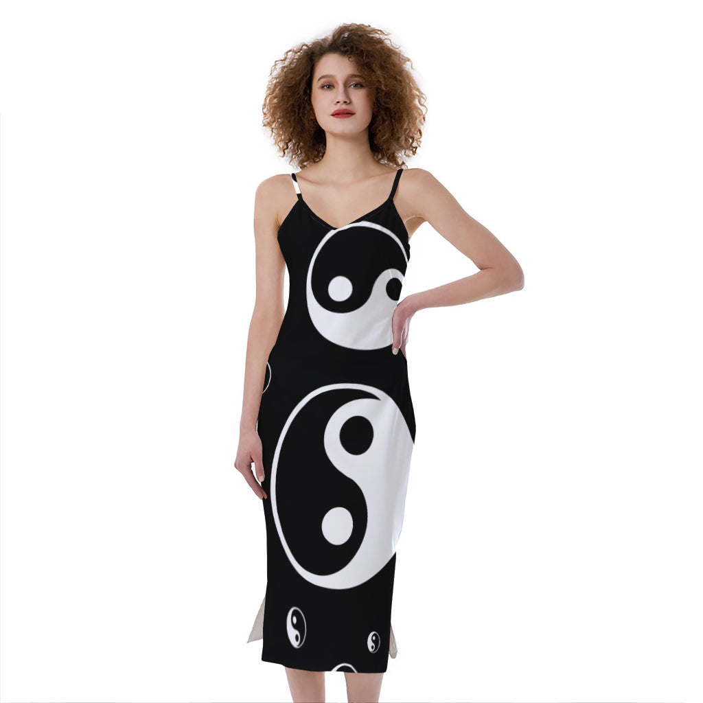 Black And White Yin Yang Pattern Print Slim Fit Midi Cami Dress