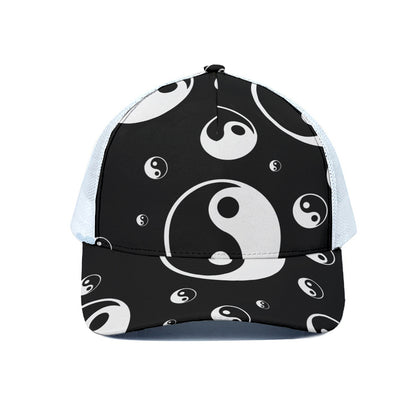 Black And White Yin Yang Pattern Print White Mesh Trucker Cap