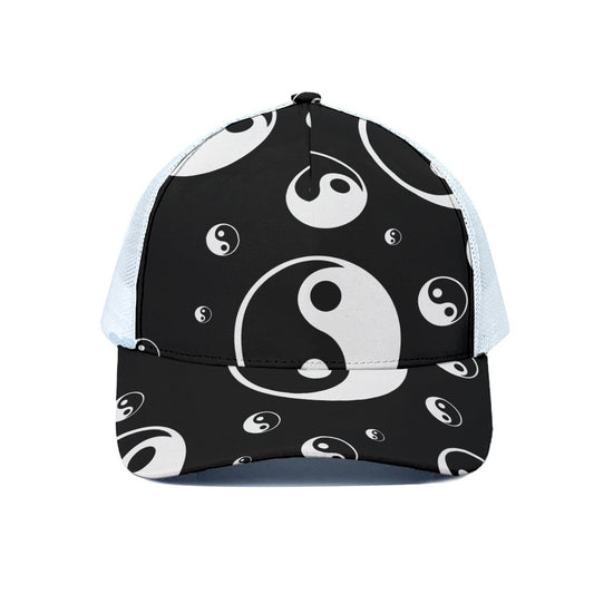 Black And White Yin Yang Pattern Print White Mesh Trucker Cap