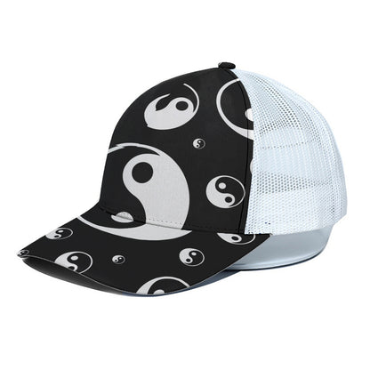 Black And White Yin Yang Pattern Print White Mesh Trucker Cap