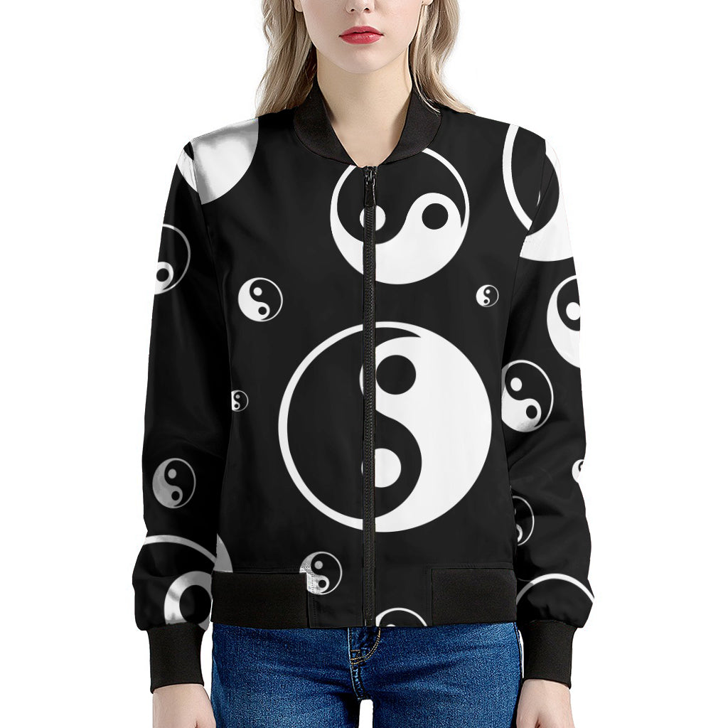 Black And White Yin Yang Pattern Print Women's Bomber Jacket