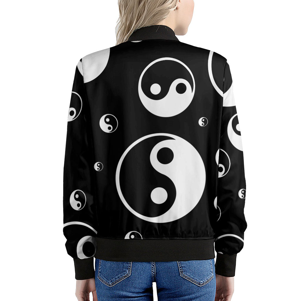 Black And White Yin Yang Pattern Print Women's Bomber Jacket