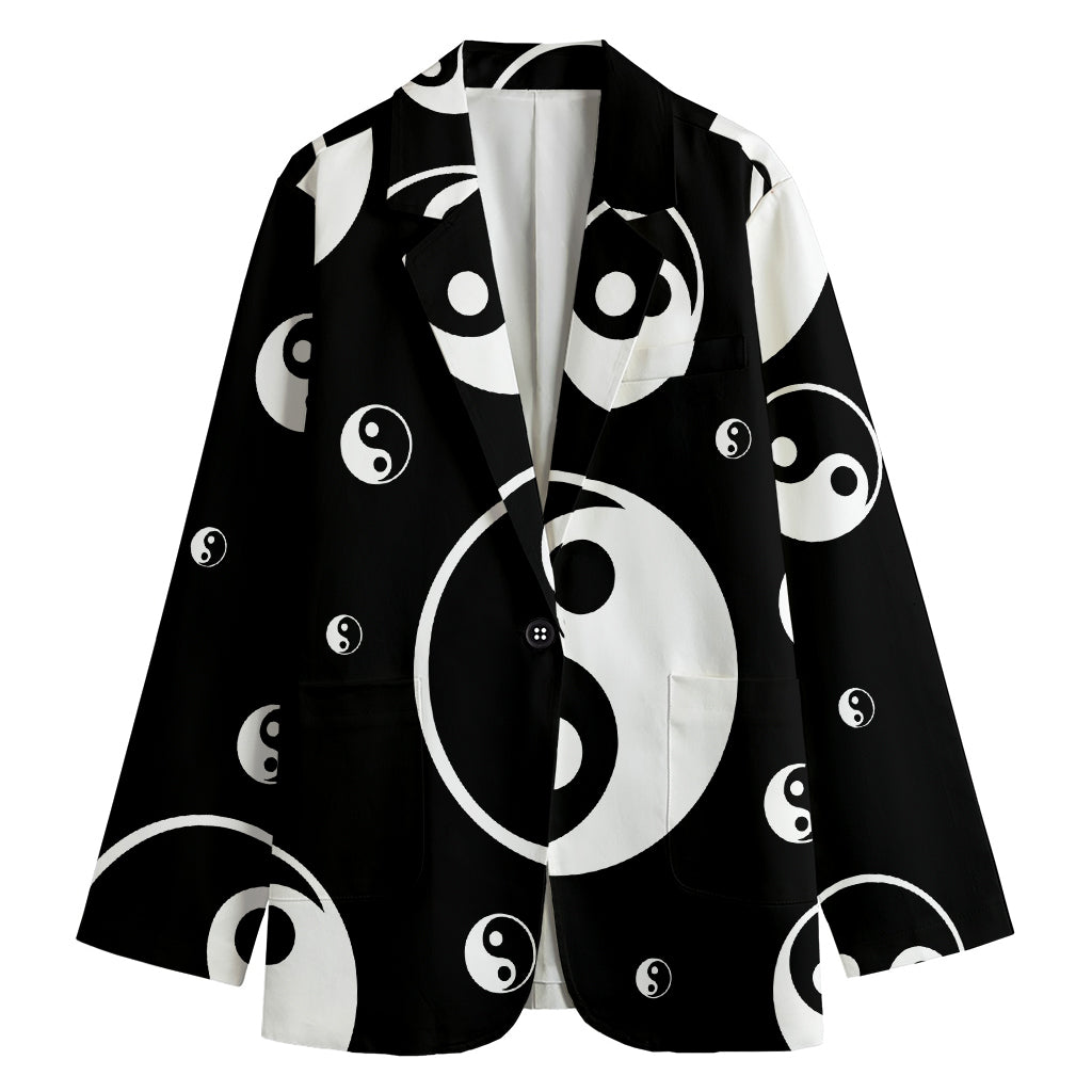 Black And White Yin Yang Pattern Print Women's Cotton Blazer
