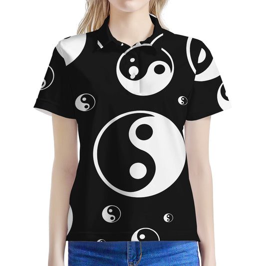 Black And White Yin Yang Pattern Print Women's Polo Shirt