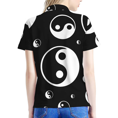 Black And White Yin Yang Pattern Print Women's Polo Shirt