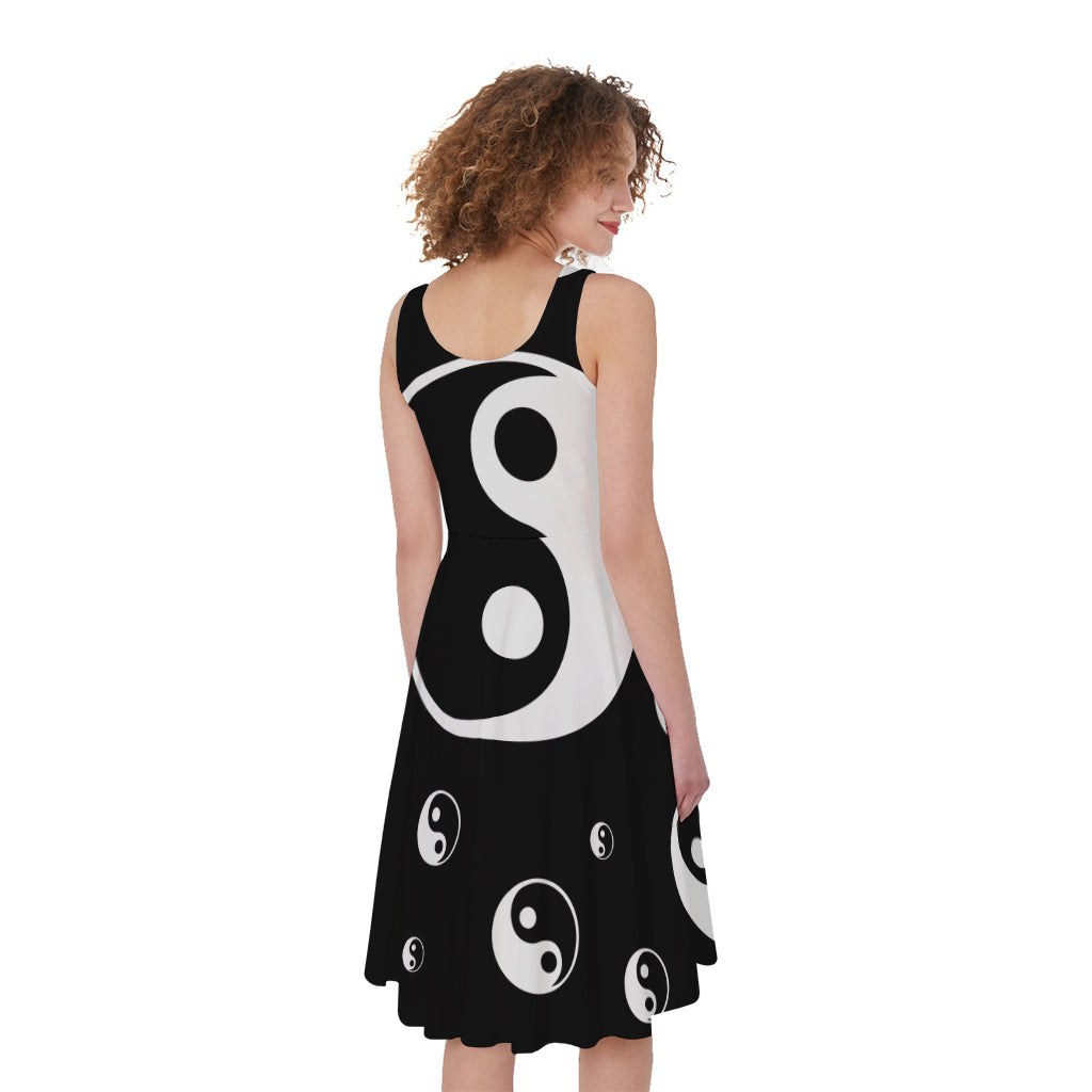 Black And White Yin Yang Pattern Print Women's Sleeveless Dress