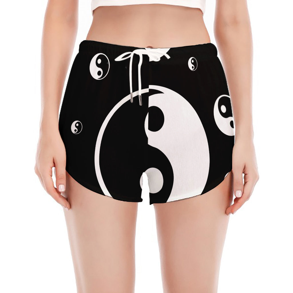 Black And White Yin Yang Pattern Print Women's Split Running Shorts