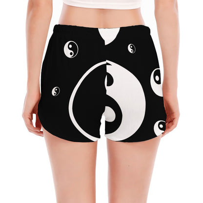 Black And White Yin Yang Pattern Print Women's Split Running Shorts