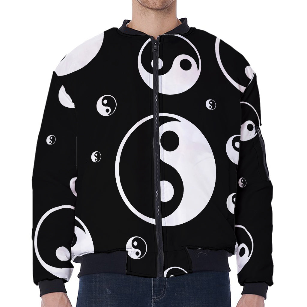 Black And White Yin Yang Pattern Print Zip Sleeve Bomber Jacket
