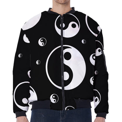Black And White Yin Yang Pattern Print Zip Sleeve Bomber Jacket