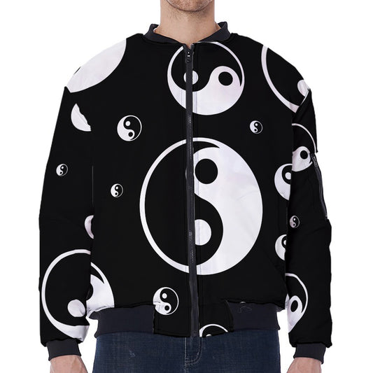 Black And White Yin Yang Pattern Print Zip Sleeve Bomber Jacket