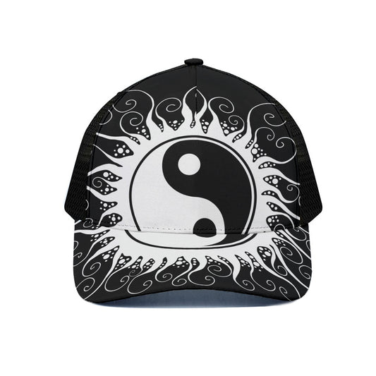 Black And White Yin Yang Sun Print Black Mesh Trucker Cap