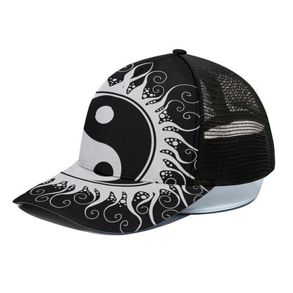Black And White Yin Yang Sun Print Black Mesh Trucker Cap