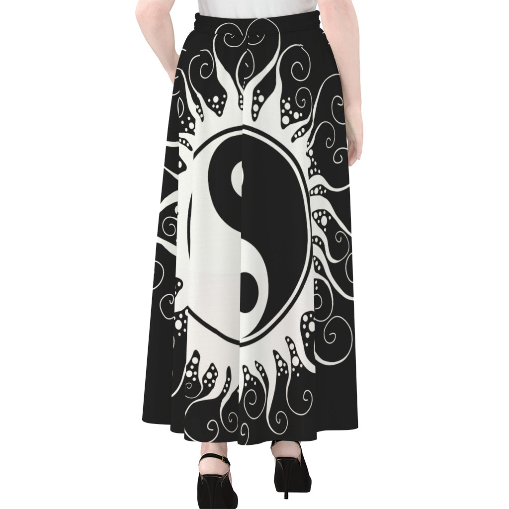 Black And White Yin Yang Sun Print Chiffon Maxi Skirt