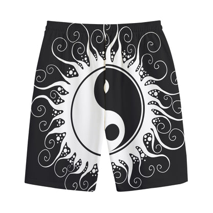 Black And White Yin Yang Sun Print Cotton Shorts