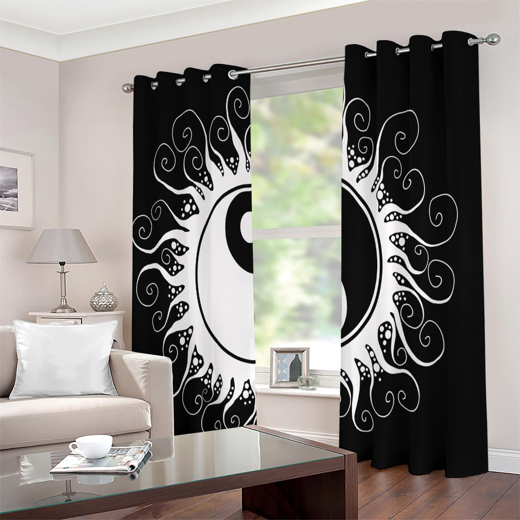 Black And White Yin Yang Sun Print Extra Wide Grommet Curtains